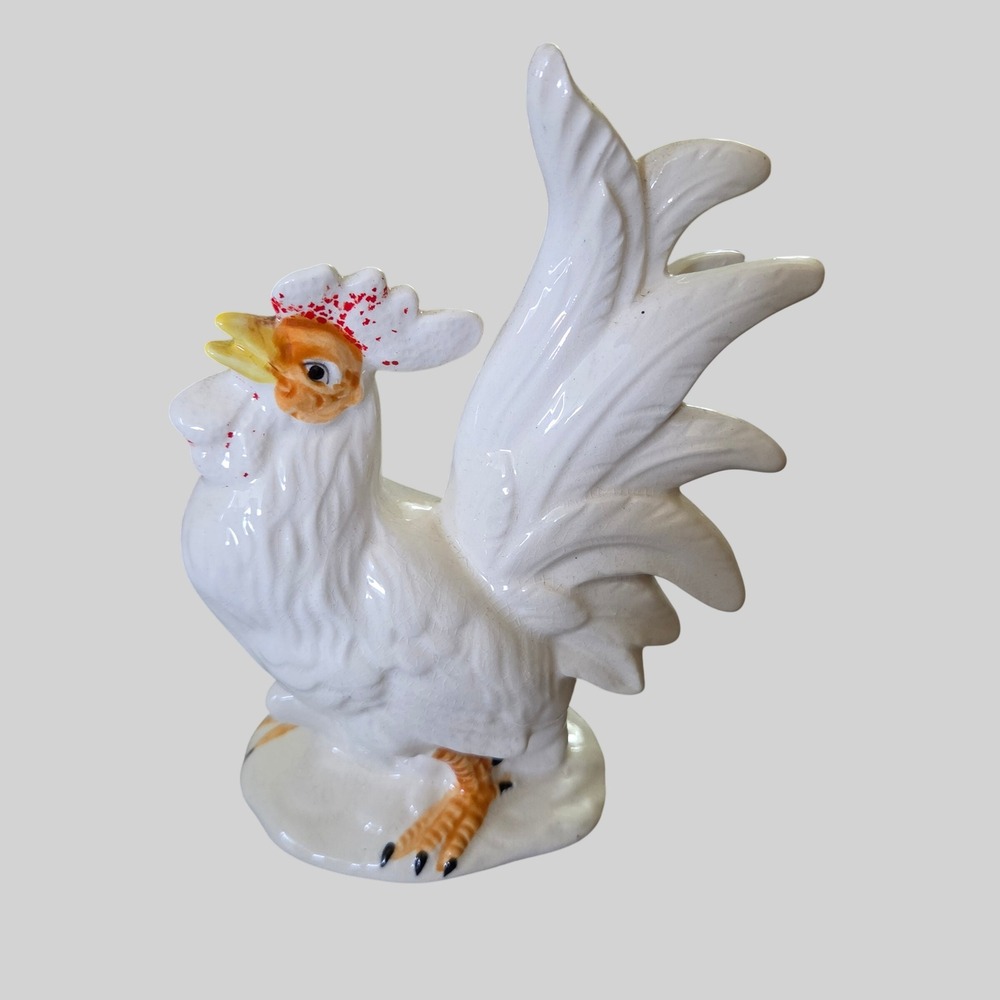 Vintage White Ceramic Crowing Rooster Figurine Farmhouse Decor Glazed Japan
